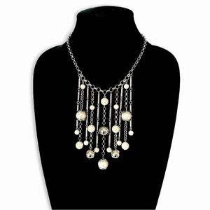 CHICOS Silver & Pearls Beaded Statement Bib Necklace | NWT